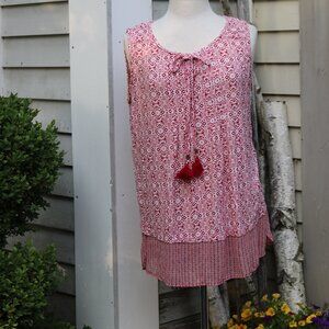 db Established 1962 Red Medallion Print w Tie & Tasels Sheer Bottom Knit Top XL